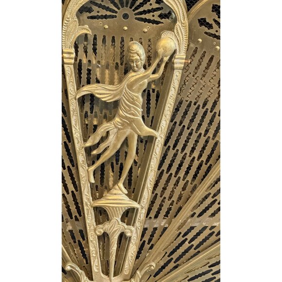 XL Vintage Art Deco Fireplace Screen Brass Ornate Peacock Folding Fan Rare 47" W - Picture 11 of 11